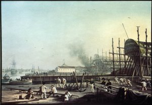 El astillero Admiralty en San Petersburgo (San Petersburgo). (El astillero naval del almirantazgo en San Petersburgo). Pintura de Karl Petrovich Beggrov (1799-1875). Óleo sobre lienzo, arte ruso del siglo XIX. Museo Estatal Ruso, San Petersburgo.