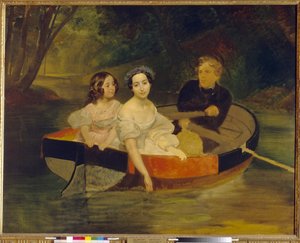 Autorretrato con la baronesa Yekaterina Meller Zakomelskaya (Meller-Zakomelskaya) y su hija en un barco. Pintura de Karl Pavlovich Briullov (1799-1852), óleo sobre lienzo de Karl Pavlovich Bryullov
