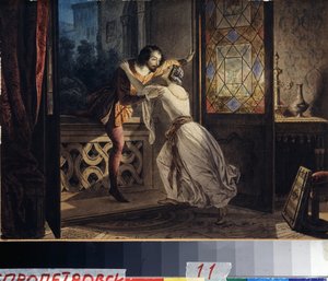 Romeo y Julieta. Un hombre sube a un balcón para encontrarse con una mujer en una cita secreta. Pintura de Karl Pavlovich Briullov (1799-1852). Acuarela sobre tabla, ca. 1830, 23,2 x 31,5 cm, art rus
