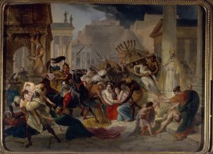 Saqueo de Roma en 455: Genserico (o Geiserico) (ca. 399-477) y los vándalos invaden Roma (Geiserico el Cojo invade Roma). Saquean la ciudad y se llevan la menorá (Menora) Pintura de Karl Pavlovich Briullov (Brioullov) (1799-1852)