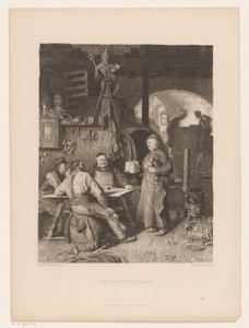 Hombres alrededor de una mesa en un sótano La bodega del monasterio (título sobre el objeto) de Karl Vaditz