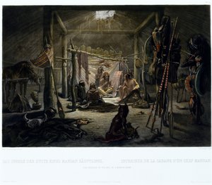 El Interior de la Cabaña de un Jefe Mandan, grabado por Narcisse Edmond Desmadryl de Karl after Bodmer