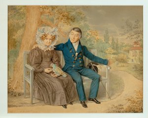 Pareja de ancianos en un jardín vienés ... (lápiz y acuarela) de Karl von Saar