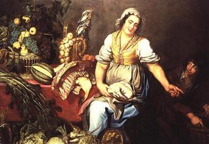 Bodegón de cocina con frutas, verduras y una niña sosteniendo un pollo de Kasper or Gaspar van den Hoecke