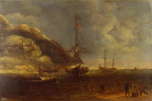 Vista costera con navegación y pescadores en primer plano (óleo en panel) de Kasper van Eyck