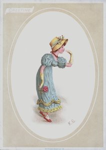 Niña con vestido azul, con sombrero de paja, sosteniendo una rosa de Kate (after) Greenaway