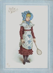 Niña con vestido y gorro, sosteniendo volante y raqueta de Kate (after) Greenaway