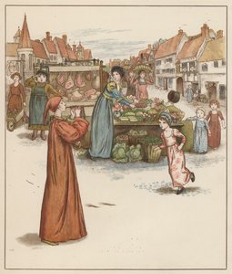 Ilustración de Kate Greenaway para El flautista de Hamelín de Robert Browning (litografia en color)