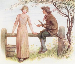 Two at a Stile (litografía en color) de Kate (after) Greenaway