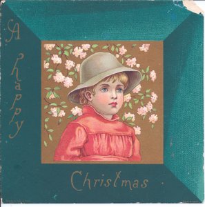 Tarjeta de Año Nuevo victoriana de una niña con ropa de la regencia y un collar de cuentas azules, c.1880