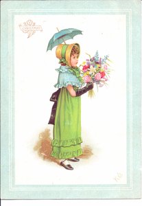 Tarjeta de felicitación victoriana de niños con disfraces elegantes bailando, c.1880