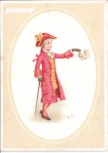 Tarjeta de felicitación victoriana de niños sentados en una mesa mientras uno vestido como cocinero afila el cuchillo, c.1880 de Kate Greenaway