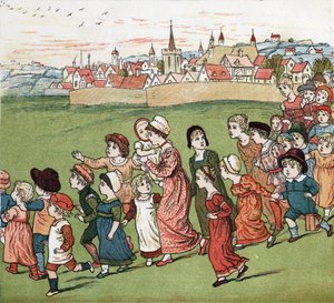 Una multitud de madres e hijos huyendo del pueblo. Ilustración de Kate Greenaway (1846-1901) del libro de cuentos y rimas infantiles "Under The Window" (1879), editado por Edmund Evans. de Kate Greenaway