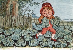 Un gnomo roba coles de un huerto. (Un duende robando coles). Ilustración de Kate Greenaway (1846-1901) del libro de cuentos y rimas infantiles 