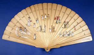 Un gran abanico de madera Brise pintado en colores con grupos de niños en diversas actividades de Kate Greenaway