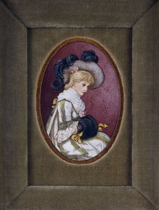 Retrato ovalado de una niña rubia con un sombrero con plumas y las manos dentro de su manguito de Kate Greenaway