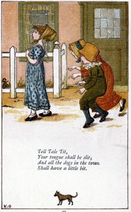 Teta contadora/Tu lengua será cortada: Ilustración de Kate Greenaway (1846-1901) para un libro de canciones infantiles. Cromolitografía