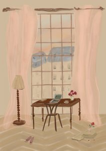 Ilustración de una vista desde una ventana de París con un escritorio rústico de Katharina Puritscher