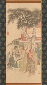 Diez Rakan examinando una pintura de Kannon con túnica blanca de Kato Nobukiyo