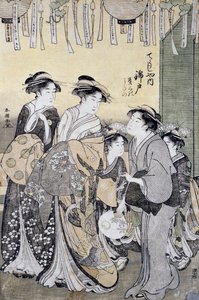 Cortesana Nishikido de la casa de té Chojiya rodeada por sus damas, finales del siglo XVIII, impresión de arte ukiyo-e, por Katsukawa Shuncho, oban-tate-e xilografía, civilización japonesa, (detalle) de Katsukawa Shuncho