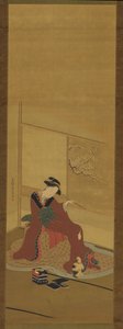 Interior: una niña y un gatito, período Edo, finales del siglo XVIII de Katsukawa Shuncho