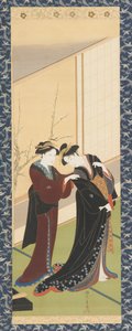 Interior: una mujer ayudando a una niña a vestirse, período Edo, 1726-1792
