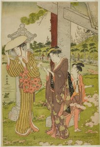 Recogiendo Flores en el Santuario Kumano Junisha en Tsunohazu de Katsukawa Shuncho