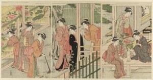 Mujeres admirando peonías de Katsukawa Shuncho