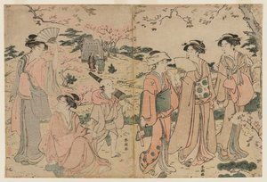 Mujeres Contemplando los Cerezos en Flor en Asukayama de Katsukawa Shuncho