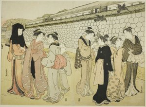 Mujeres caminando junto a un foso de Katsukawa Shuncho