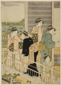 Mujeres en un balcón de una casa de té de Yoshiwara de Katsukawa Shuncho
