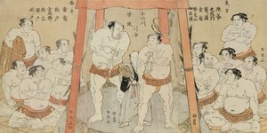 Un tríptico que muestra un empate en el combate entre Onogawa y Tanikaze (xilografía sobre papel)