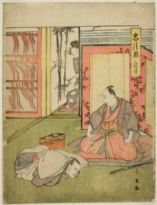 Segundo acto: Los aposentos de Momonoi Wakasanosuke de la obra Chushingura (Tesoro de los cuarenta y siete leales retenedores) de Katsukawa Shun