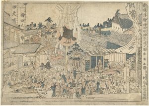 Vista del festival en el santuario Myojin en Kanda Kanda Myojin sairei no zu (título sobre objeto) Nuevos números de estampas en perspectiva Shinpan uki-e (título de la serie en el objeto) de Katsukawa Shunei