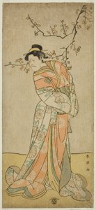 El actor Ichikawa Ebizo (Danjuro V) como la dama de compañía Iwafuji en la obra Gozen-gakari Sumo Soga, representada en el Teatro Kawarazaki en el primer mes de 1793 () de Katsukawa Shun