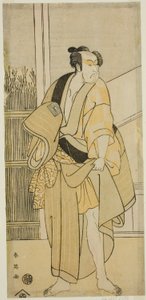 El actor Ichikawa Monnosuke II como Hiranoya Tokubei () en la obra Waka Murasaki Edokko Soga (), representada en el Teatro Ichimura () en el tercer mes de 1792 () de Katsukawa Shun