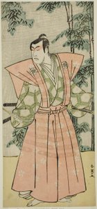 El actor Matsumoto Koshiro IV como Hatakeyama Shigetada disfrazado de Honjo Soheiji () en la obra Edo no Fuji Wakayagi Soga (), representada en el Teatro Nakamura () en el primer mes de 1789 ()