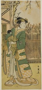 El actor Nakayama Tomisaburo I como Lady Tokiwa (Tokiwa Gozen) () en la obra Kimmenuki Genke no Kakutsuba (), representada en el Teatro Ichimura () en el undécimo mes de 1791 () de Katsukawa Shun