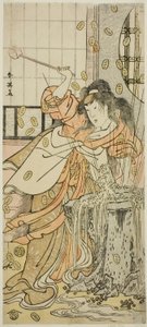 El actor Segawa Kikunojo III como la Doncella Dragón disfrazada de Osaku en la obra Sayo no Nakayama Hiiki no Tsurigane, representada en el Teatro Nakamura en el undécimo mes de 1790.