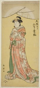 El actor Yamashita Kinsaku II como la doncella Tsumagi en la obra "Otokyama O-Edo no Ishizue", representada en el Teatro Kiri en el undécimo mes de 1794. de Katsukawa Shun