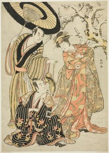 Los actores Iwai Hanshirô IV, Ichikawa Monnosuke II y Sakata Hangorô III, en "Copos de nieve: Elevando el listón en Izu" ("Mutsu no Hana Izu no Hataage") de Katsukawa Shunkо̄