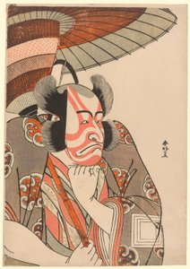 Retrato de medio cuerpo del actor Ichikawa Danjuro V como Kazusa no Gorobei Tadamitsu en el tercer acto de la obra Kitekaeru Nishiki no Wakayaka (Regreso a casa en esplendor), representada en el Teatro Nakamura desde el primer día del undécimo mes de 1780.