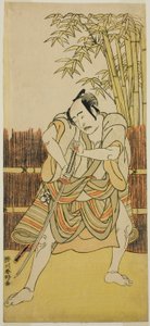 El actor Bando Mitsugoro I como Ogata no Saburo disfrazado de Yoroya Takiemon en la obra Mure Takamatsu Yuki no Shirahata, representada en el Teatro Ichimura en el undécimo mes de 1780.