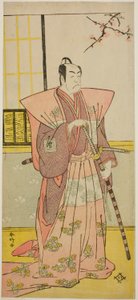 El actor Ichikawa Omezo I como Koyurugi Motomenosuke () en la obra Haru no Nishiki Date-zome Soga (), representada en el Teatro Nakamura () en el primer mes de 1790 () de Katsukawa Shunkо̄
