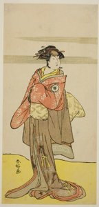 El actor Iwai Hanshiro IV como Hitomaru disfrazado de la geisha Oshun en la obra Edo no Hana Mimasu Soga, representada en el Teatro Nakamura en el tercer mes de 1783. de Katsukawa Shunkо̄