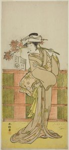 El actor Iwai Hanshiro IV como Umegae disfrazado de la adivina Omatsu en la obra Mukashi Otoko Yuki no Hinagata, representada en el Teatro Ichimura en el undécimo mes de 1781. de Katsukawa Shunkо̄