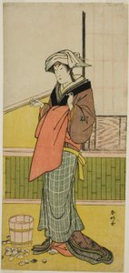 El actor Nakamura Riko I como Moshio () en la obra Honda Yayoi Meoto Junrei (), representada en el Teatro Ichimura () en el séptimo mes de 1778 ()