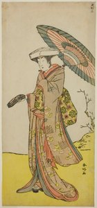 El actor Nakayama Kojuro VI como Chinzei Hachiro Tametomo disfrazado de Lady Hotoke (Hotoke Gozen) en la obra Yukimotsu Take Furisode Genji, representada en el Teatro Nakamura en el undécimo mes de 1785.