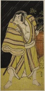 El actor Sakata Hangoro II como el luchador de sumo Kujaku Saburo Narihira () en la obra Sugata no Hana Yuki no Kuronushi (), representada en el Teatro Ichimura () en el undécimo mes de 1776 ()