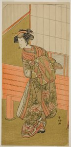 El actor Segawa Kikunojo III como la cortesana Takamura de Onoteruya () en la obra Sugata no Hana Yuki no Kuromushi (), representada en el Teatro Ichimura () en el undécimo mes de 1776 () de Katsukawa Shunkо̄